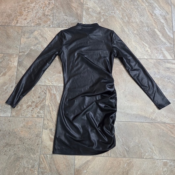 Black Faux Leather Mock Neck Ruched Long Sleeve Bodycon Mini Dress Womens S - Picture 6 of 6